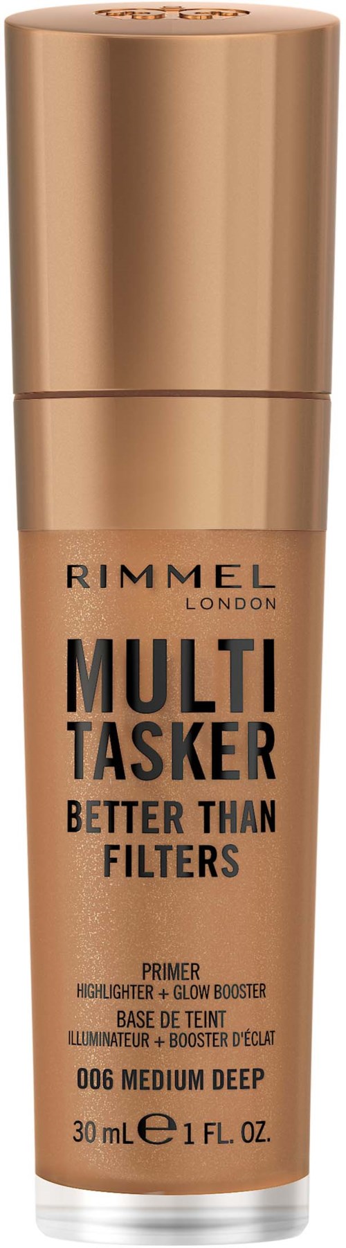 Butelka bazy pod makijaż marki Rimmel London z napisem 'Multi Tasker', obiecująca rozświetlenie i efekt glow w odcieniu średnio głębokim.