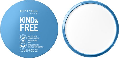 Blå rund behållare med spegel, märkt 'Rimmel London Kind & Free', 10g produktstorlek, fri från skadliga ingredienser.