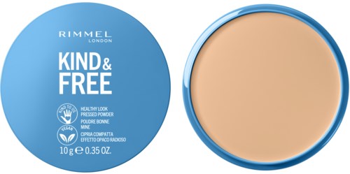 Ett blått cirkulärt förvaringsmedel från Rimmel London med en beige sminksvamp inuti.