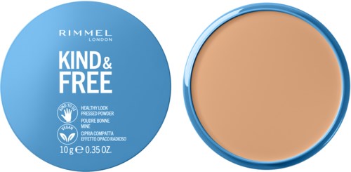 Niebieskie okrągłe opakowanie pudru do twarzy Rimmel London z przezroczystym wieczkiem pokazującym puder wewnątrz.
