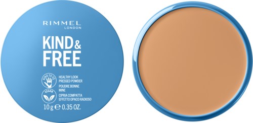 En rund blå behållare med lock, märkt 'Rimmel London Kind & Free,' med pressad puder inuti.