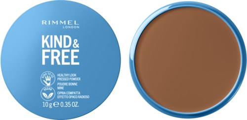 Ein runder blauer Behälter der Marke Rimmel London, gekennzeichnet 'Kind & Free', zeigt Produktdetails und eine Probe des Produkts.