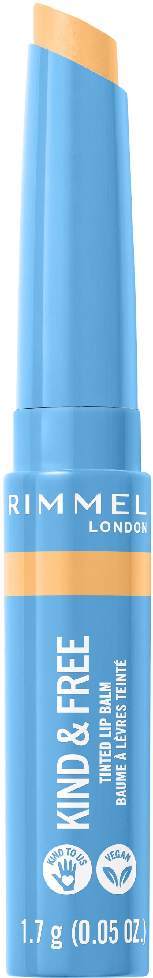 Ein blauer Lippenstift mit beiger Spitze, beschriftet 'Rimmel London' und 'Kind & Free,' mit Icons für cruelty-free und vegan.