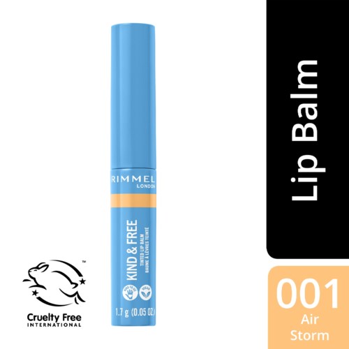 Blastriges Rimmel London Lippenbalsam mit 'Kind & Free'-Label, tierversuchsfreiem Logo und 'Air Storm'-Geschmack, Nummer 001.