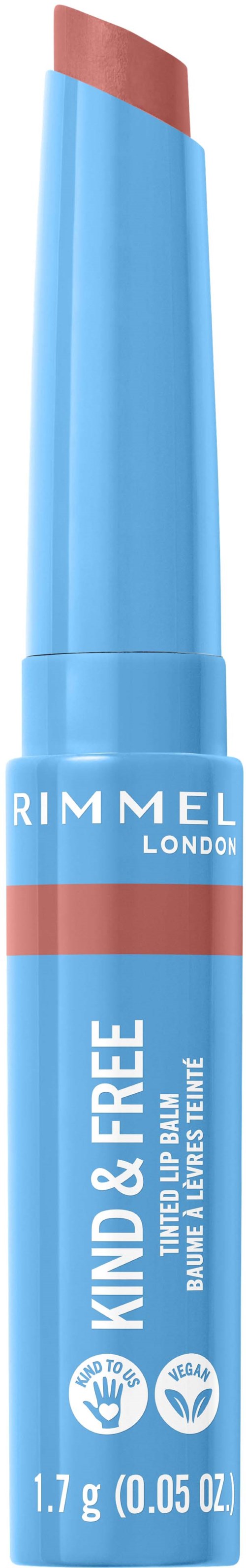 A beige lipstick in a blue tube with white and pink accents on the label.