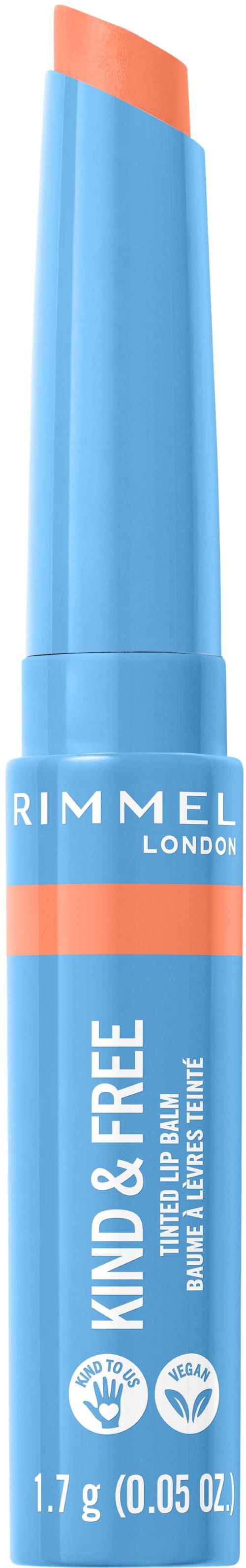 Blauer Lippenbalsamstift mit einem pfirsichfarbenen oberen Teil, gekennzeichnet Rimmel London, namens 'Kind & Free'.