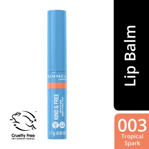 Blauer Lippenbalsam-Stick mit weißem Text, Cruelty Free-Logo und Nummer 003 Tropical Spark.