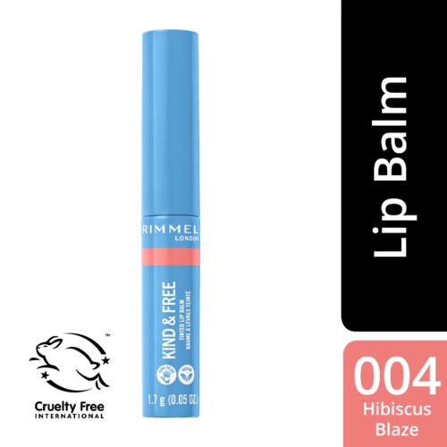 Blue lip balm tube, labeled as kind, cruelty-free, hibiscus flavor, number 004.