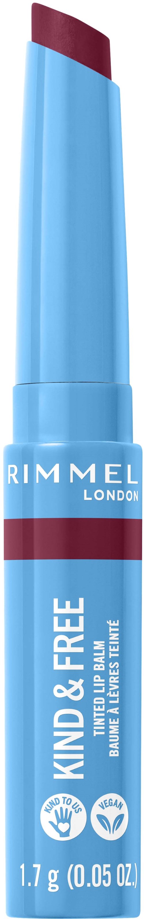 A blue lipstick tube with a maroon lipstick, labeled Rimmel London Kind & Free, eco-friendly, cruelty-free.
