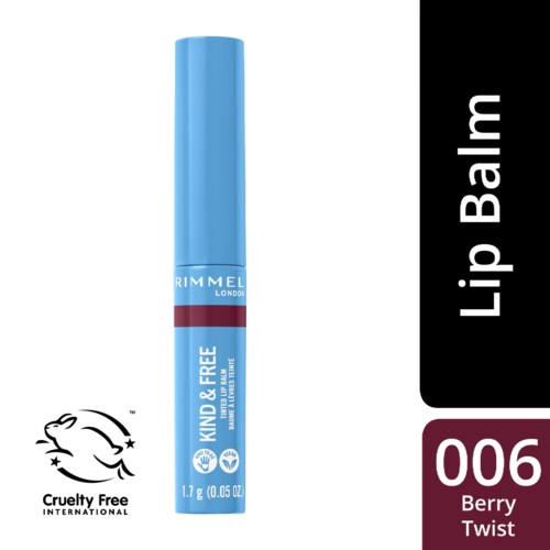 Blue lip balm with 'RIMMEL LONDON' branding and 'KIND & FREE' label. Cruelty-free logo and berry twist flavor. Small size.