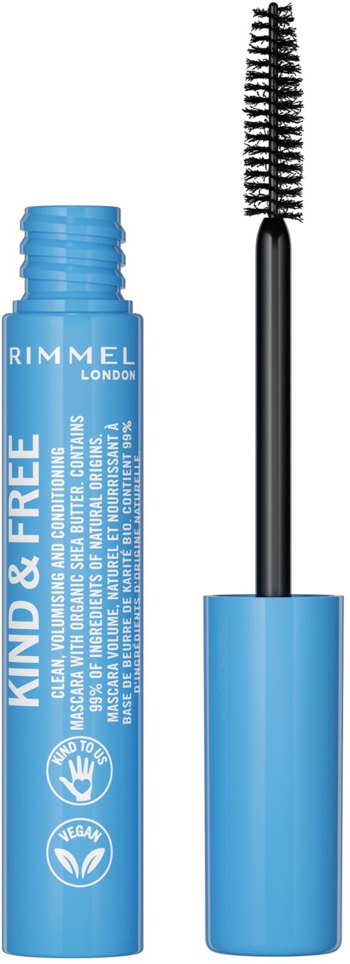 Blå tube med børste for mascara, merket 'Rimmel London' og 'Kind & Free', vegansk og cruelty-free.