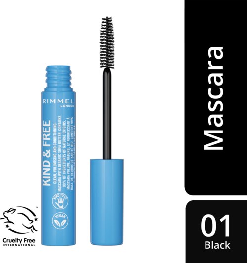 En blå tube med mascara for snillhet med påføringsbørste, merket for dyrevennlig bruk, i svart.