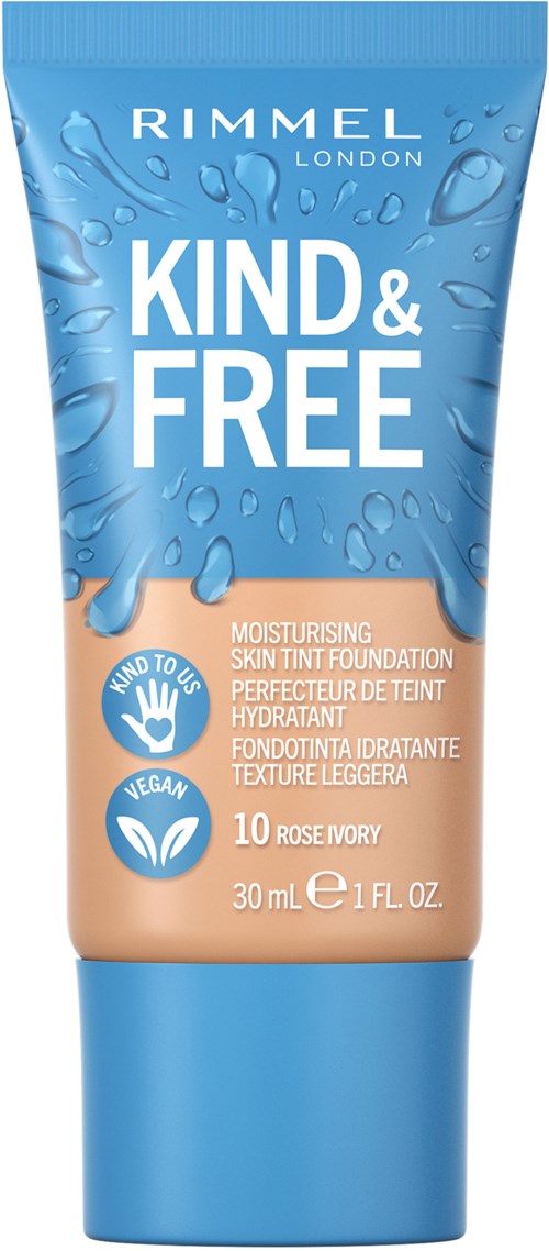 A blue tube of Rimmel London moisturising skin tint with water droplets, says 'Kind & Free', contains 10 rose ivory, 30 ml.