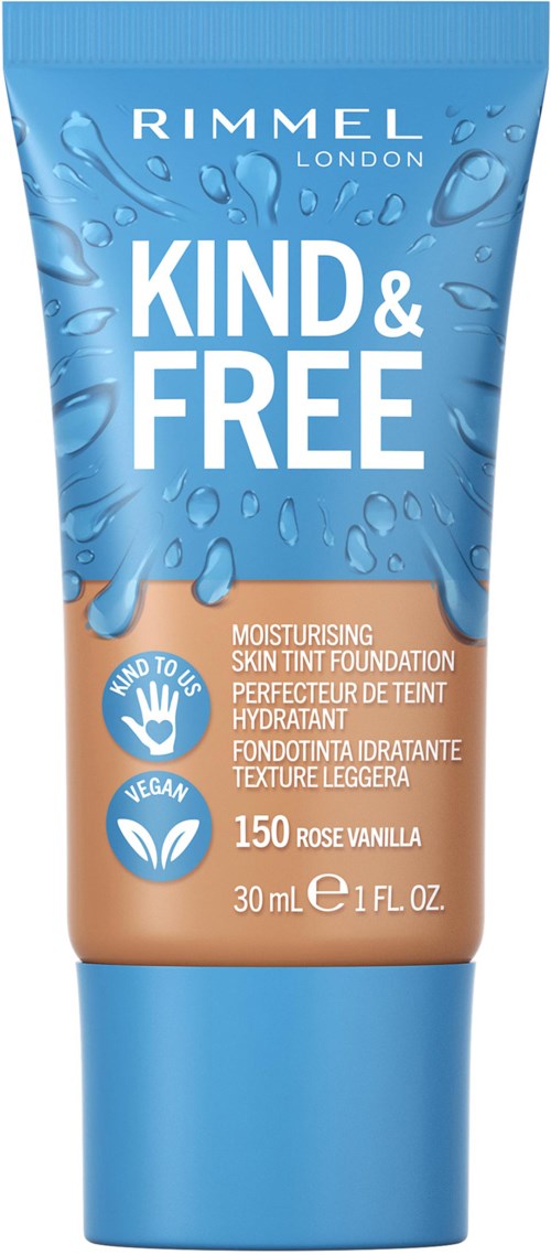 A tube of moisturising foundation with a blue and beige design, water droplets, and stating it is for sensitive skin.