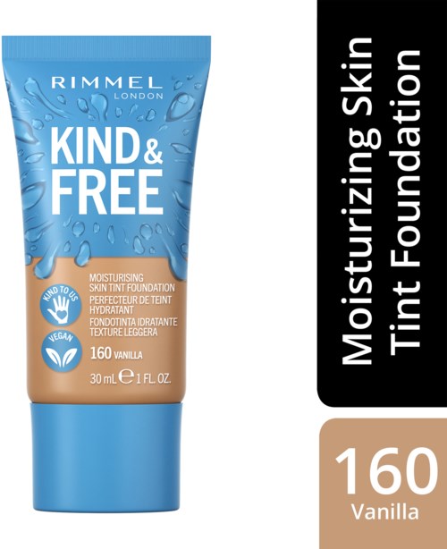 En tub med Rimmel London återfuktande hudtint foundation, vaniljsmak, nyans 160, 30 ml, och är cruelty free.