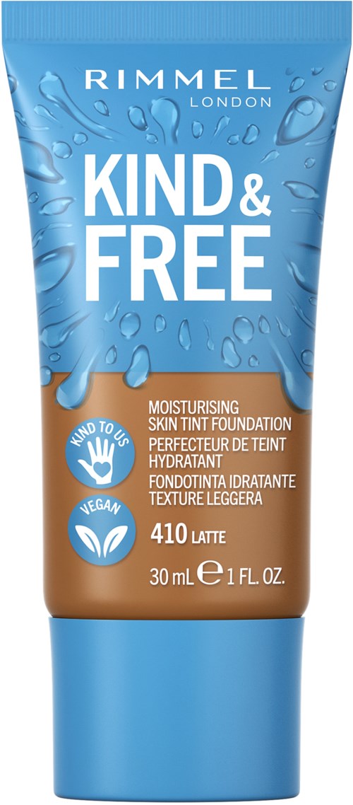En blå og brun tube med Rimmel London fuktighetskrem med vanndråper, merket 'Kind & Free' i stort hvitt tekst.