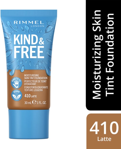 En blå og brun tube av Rimmel London foundation merket "Kind & Free" for fuktighetsgivende hud med nyansen 410 Latte.