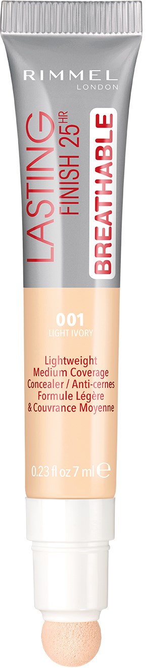 En tube med Rimmel Lasting Finish 25 Hour Breathable concealer med lett dekning, nyanse 001, laget for ansiktet.