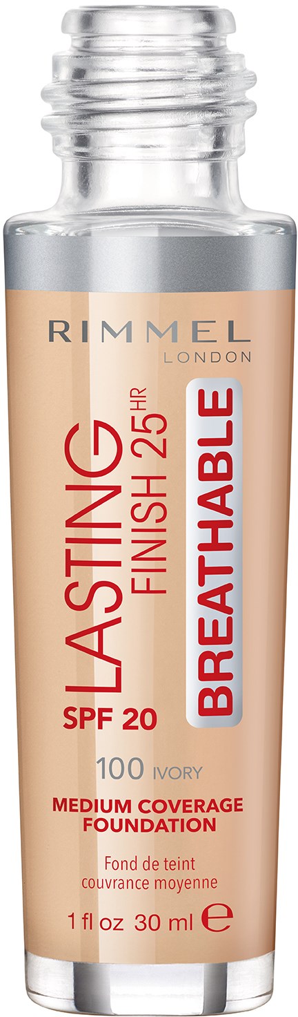 En liten flaske merket Rimmel London varig foundation, SPF 20, med medium dekning i ivory farge.