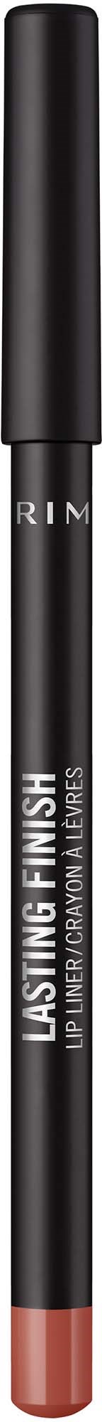 En svart leppepennstift med hette, merket 'Lasting Finish Lip Pencil' av Rimmel, mot en svart bakgrunn.