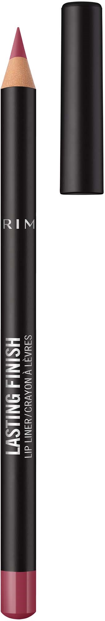 En leppestiftspenna med svart kropp og rosa tupp, uten svart lokk. Teksten viser at det er Rimmel Lasting Finish leppestift.
