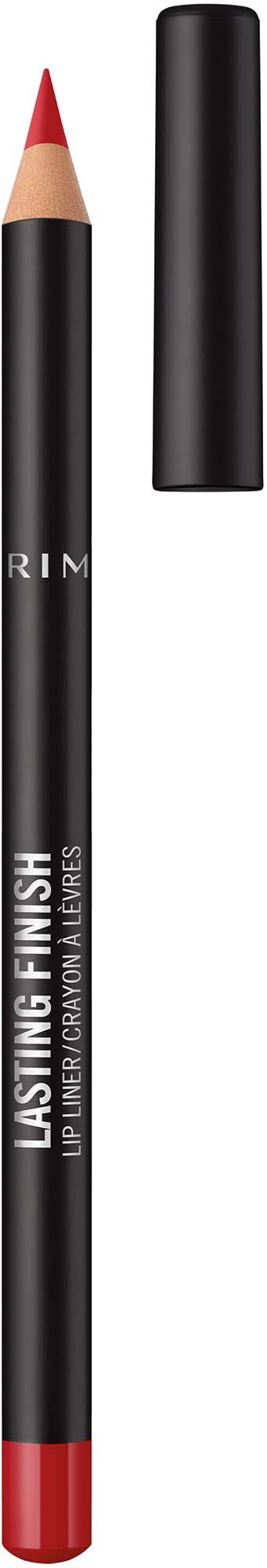 En svart leppeblyant med rød tupp og matchende lokk. Teksten sier "Lasting Finish Lip Liner".