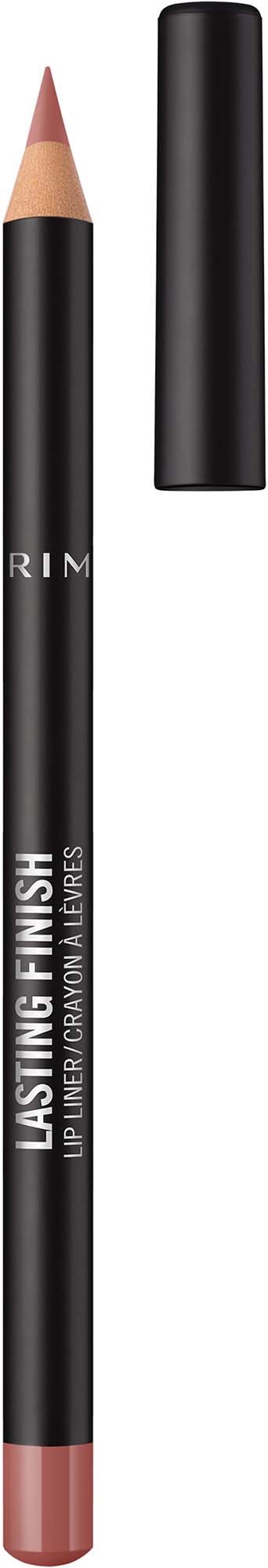 En svart leppeliner med rosa spiss, merket 'LASTING FINISH' og 'LIP LINER' fra RIMM.