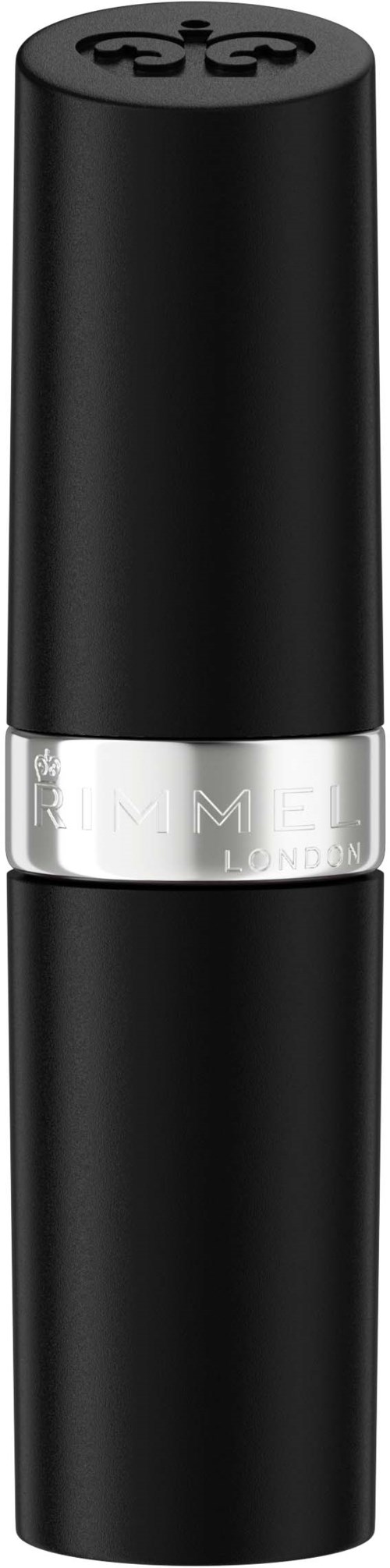 Ein schwarzer Lippenstiftstift mit Silberband in der Mitte und einem Logo auf dem Deckel.