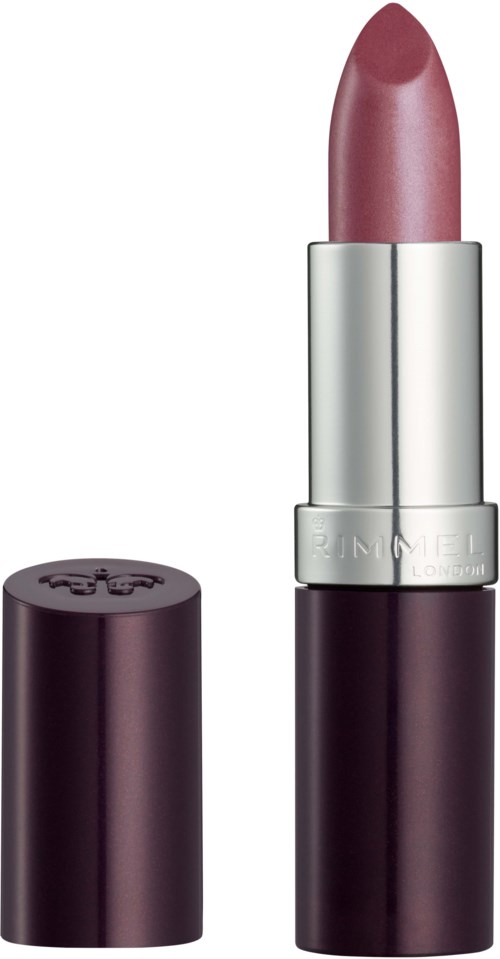 Lippenstift met een roze tint, zilveren band en zwart hulsje, staand rechtop zonder deksel.