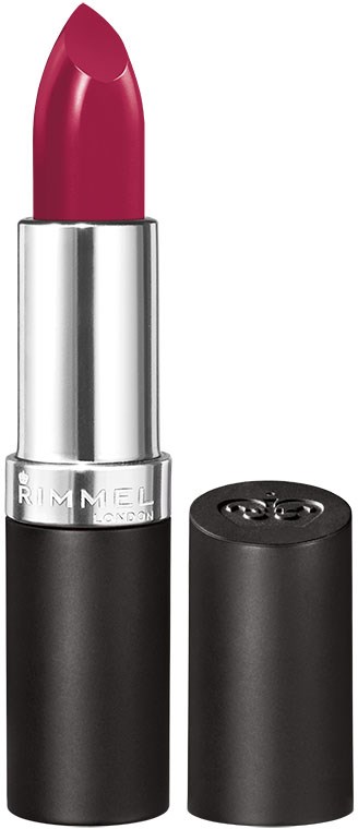 Een lippenstift met een zwarte kam, toont felroze kleur, en de dop ligt ernaast.