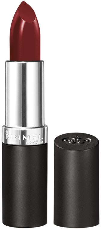 Een rode lipstick in een zilverkleurige en zwarte huls, rechtopstaand.
