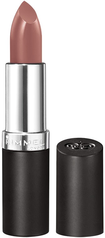 Een beige lippenstift in een zilveren en zwarte tube, zonder deksel, die de lippenstift toont.