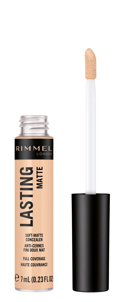 Beżowy korektor z czarną nakrętką i białym aplikatorem, oznaczony "Lasting Matte" przez Rimmel London.