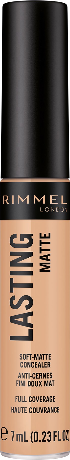 Butelka korektora Rimmel London Lasting Matte, miękka matowa wykończenie, pełne krycie, 7 ml.