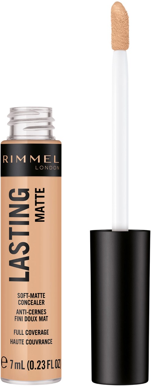 Korektor Rimmel Lasting Matte z applicatorem i czarną nakrętką, pełne krycie, matowe wykończenie.