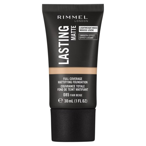 Schwarbe Tube mit beigem Band, Rimmel London Lasting Matte Foundation, 30 ml, hellbeige Farbton.