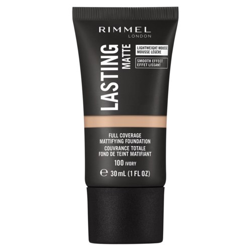 Eine schwarze Tube Rimmel Lasting Matte Foundation, gekennzeichnet als leicht, volle Deckkraft und Elfenbeinfarbe, enthält 30ml.