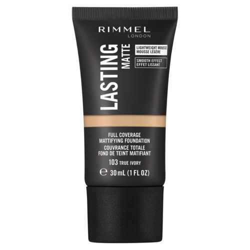 Schwarze Tube mit Rimmel London Lasting Matte Foundation, beiger Streifen, weißem Text und schwarzem Deckel.