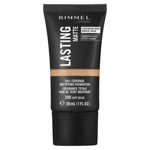 En svart tub av Rimmel Lasting Matte foundation med beige-sektion och vitt text, som visar täckning och produktdetaljer.
