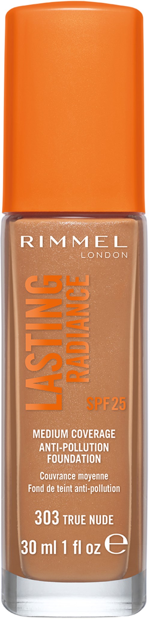 Flasche Rimmel Lasting Matte Foundation mit orangefarbigem Deckel, Farbton 'True Nude,' für mittlere Deckkraft, SPF 25.