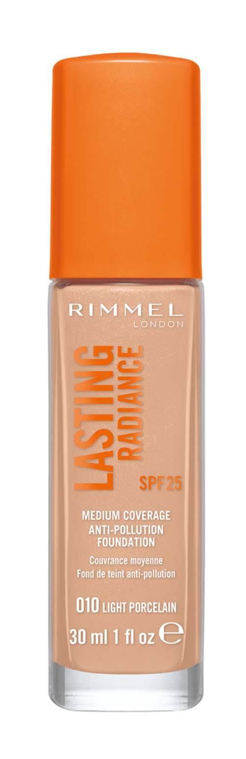 Eine Flasche Rimmel London Make-up mit 'Lasting Radiance', SPF 25, in Hellporzellan, 30 ml.
