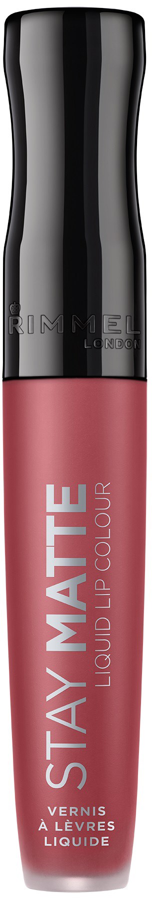Ett läppglansrör med svart lock och rosa kropp, märkt 'Stay Matte Liquid Lip Colour.'
