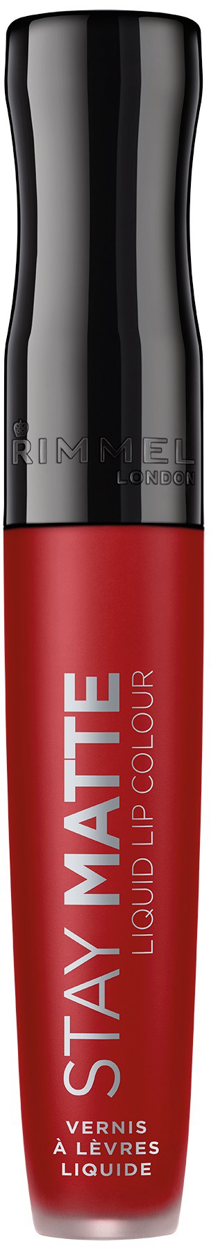 Ett rött läppstift med svart lock, märkt 'STAY MATTE LIQUID LIP COLOUR' för läppar. Enkelt svart bakgrund.