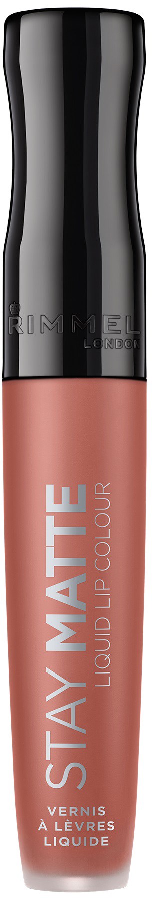 Ett matt flytande läppfärg med svart och rosa förpackning, med texten 'STAY MATTE' och 'LIQUID LIP COLOUR' på tuben.