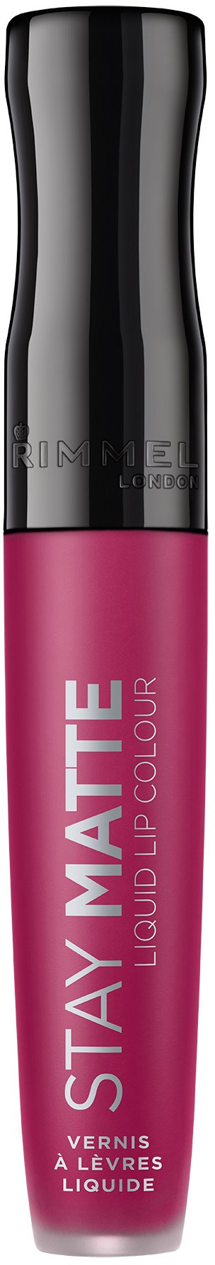 En rosa flytande läppstift med svart lock, märkt "STAY MATTE" i vitt och "LIQUID LIP COLOUR."