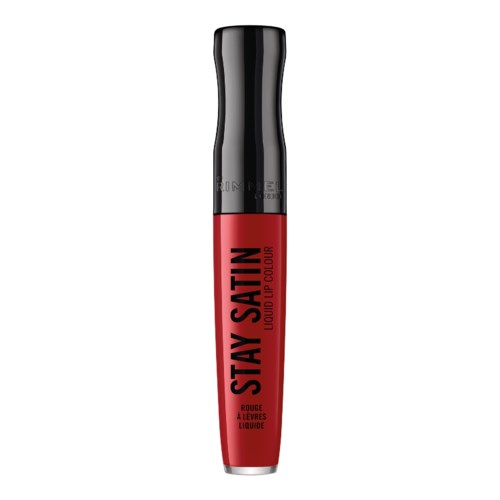 Röd flytande läppstift med svart lock, märkt "STAY SATIN" och "Liquid Lip Colour."