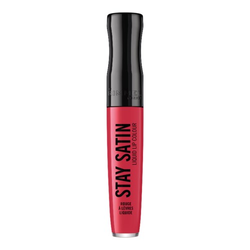 En röd läppstiftsrör med svart lock, märkt 'STAY SATIN LIQUID LIP COLOUR'.