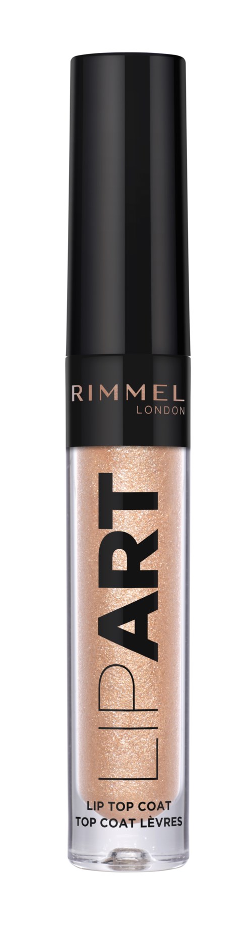 Läppglans i en klar tub med svart lock, märkt "RIMMEL LONDON" och "LIP ART".
