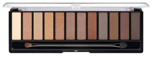 Eine Palette mit zehn Brauntönen und Beige-Augenfarben, zusammen mit einem kleinen Pinsel.