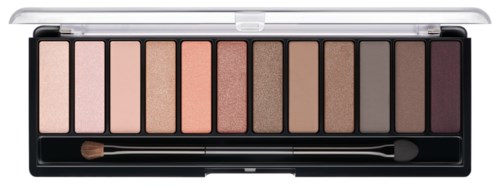 Een make-up pallet met verschillende oogschaduwkleuren, van licht tot donker, met een klein kwastje.